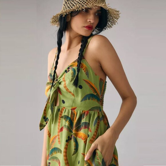 FARM RIO Antro Green Tie Front Linen Dress - Picture 2 of 14